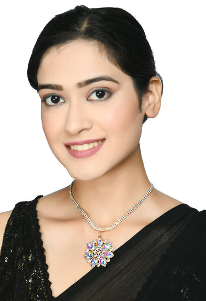 Mominos Fashion Johar Kamal Statement Gold-Polished Finish AD Stone Long Necklace For Women (White)