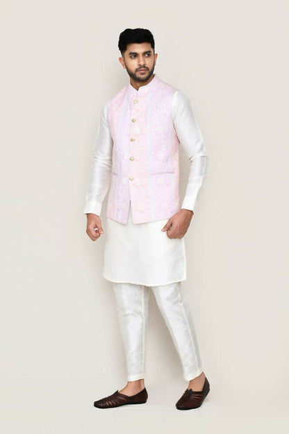 Joban Fashion White Colored Art Silk Fabric Kurta, Jacket With Straight Fit Pant