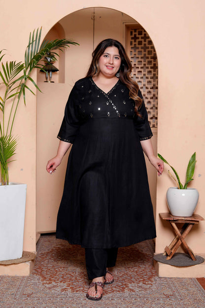 Miravan Womens Plus Size Black Mirror work Angrakha Kurta and Palazzo Set