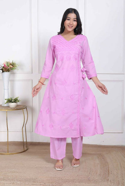 Miravan Womens Pink Lucknowi Angrakha Style Kurta With Palazzo