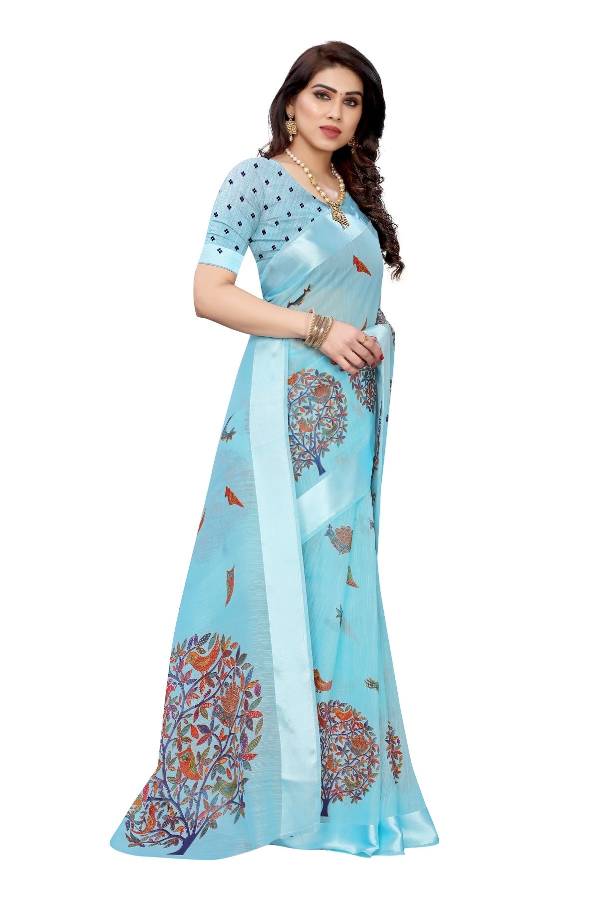 Vamika Linen Satin Border Sky Blue Bollywood Style Saree