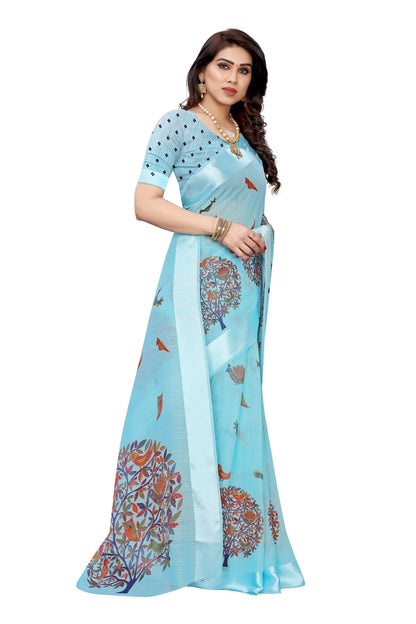 Vamika Linen Satin Border Sky Blue Bollywood Style Saree