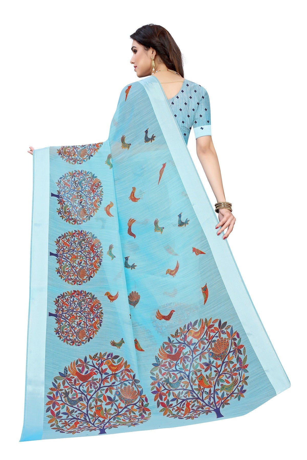 Vamika Linen Satin Border Sky Blue Bollywood Style Saree