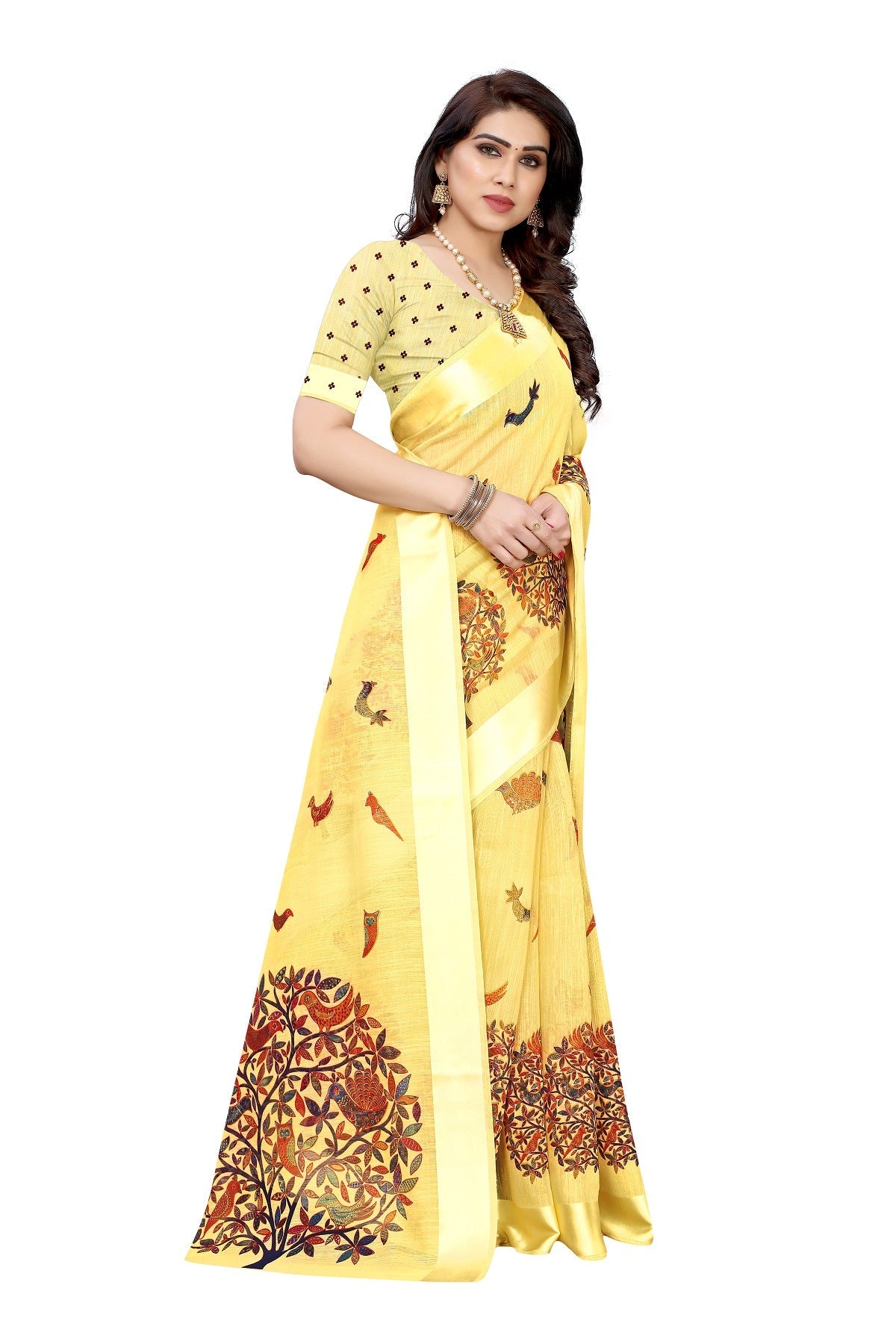 Vamika Linen Satin Border Yellow Bollywood Style Saree