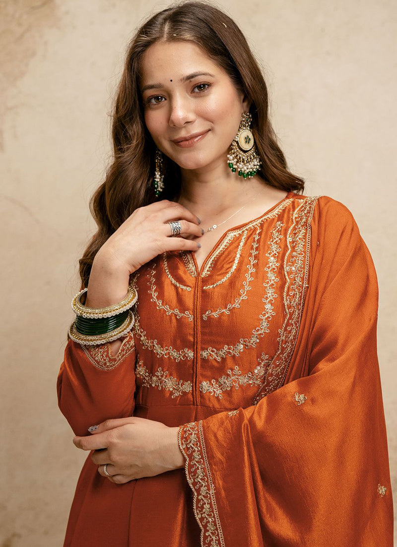 Vegaa Fashion Dark-Orange Embroidered Vichitra Silk Anarkali Suit