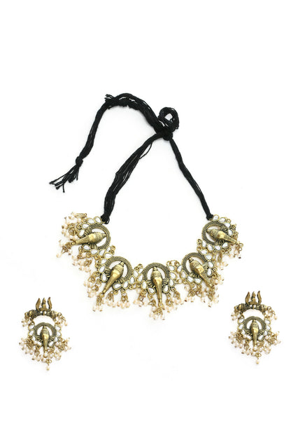 Mominos Fashion Johar Kamal Oxidised Gold-Polished Ganesha Design Necklace Choker Set
