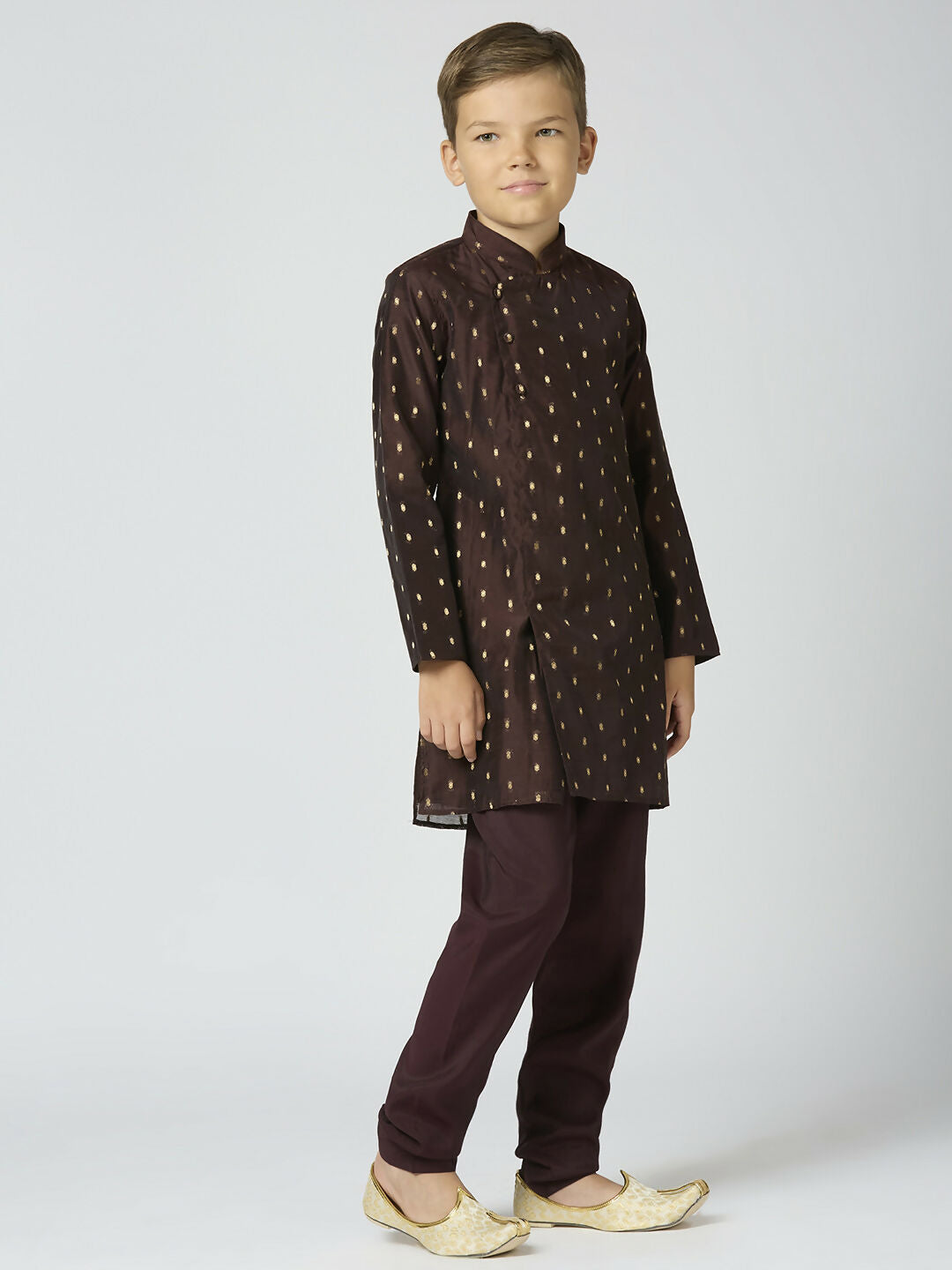 Joban Fashion Kids Island Full Sleeves Chanderi Kurta, Pyjama Set with Traditional Butta Work - Brown