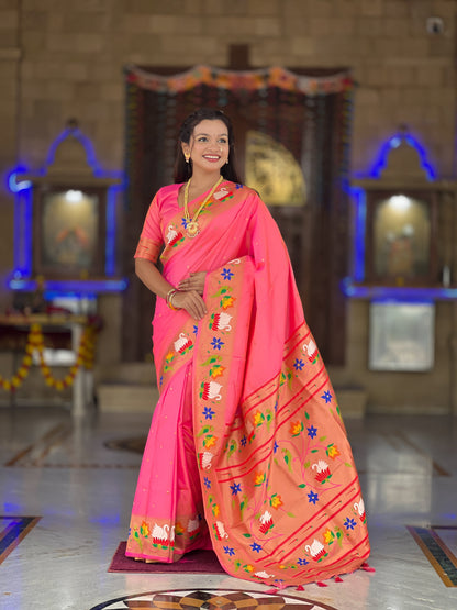 Mameraa Sarees Pink Faux Banarasi Silk Saree With Paithani Rich Weaved Pallu And Blouse-Pink