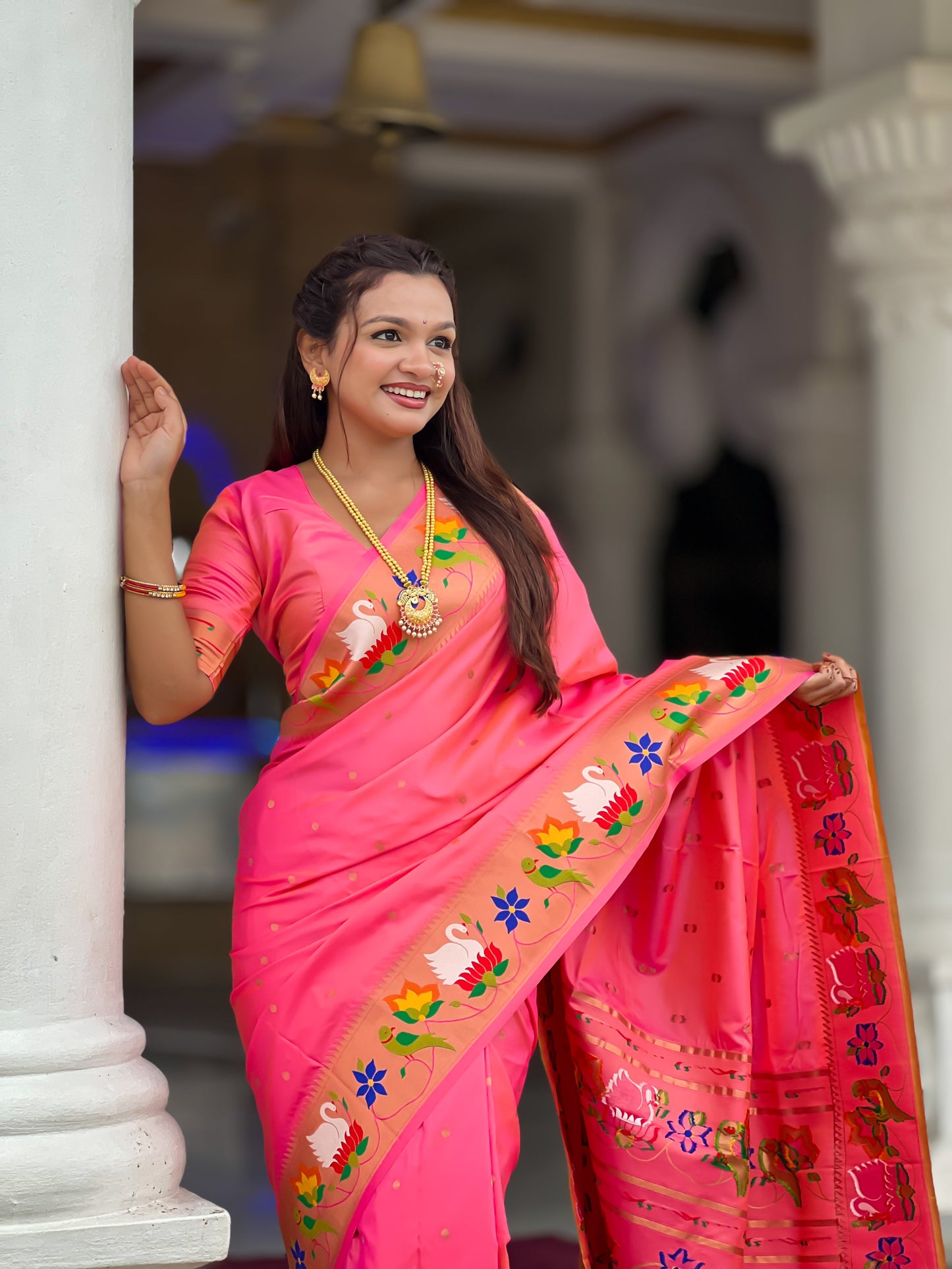Mameraa Sarees Pink Faux Banarasi Silk Saree With Paithani Rich Weaved Pallu And Blouse-Pink