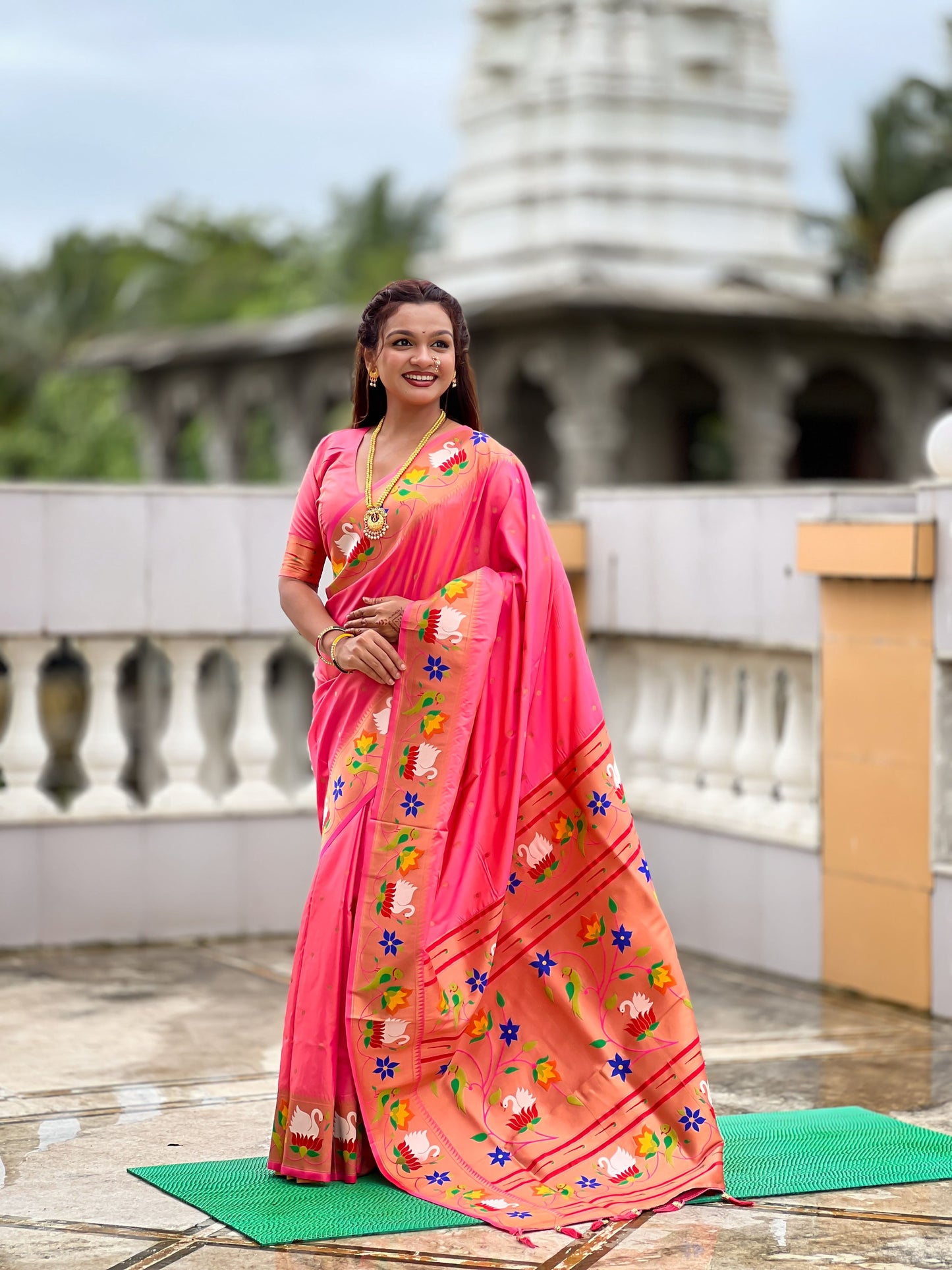 Mameraa Sarees Pink Faux Banarasi Silk Saree With Paithani Rich Weaved Pallu And Blouse-Pink