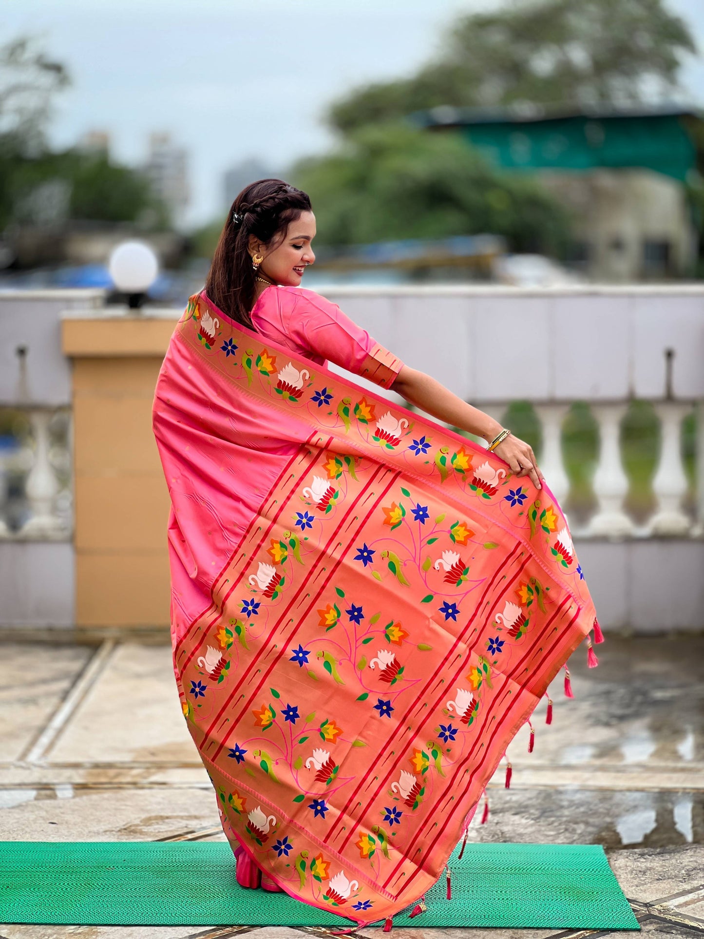 Mameraa Sarees Pink Faux Banarasi Silk Saree With Paithani Rich Weaved Pallu And Blouse-Pink