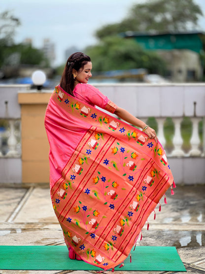 Mameraa Sarees Pink Faux Banarasi Silk Saree With Paithani Rich Weaved Pallu And Blouse-Pink