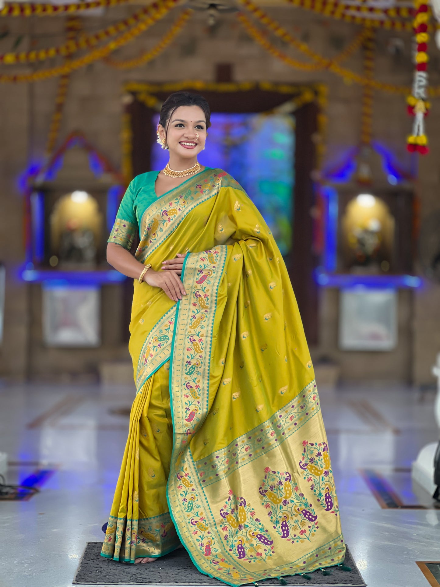 Mameraa Sarees Parrot Green Faux Banarasi Silk Saree With Paithani Rich Weaved Pallu And Blouse-Parrot_Green