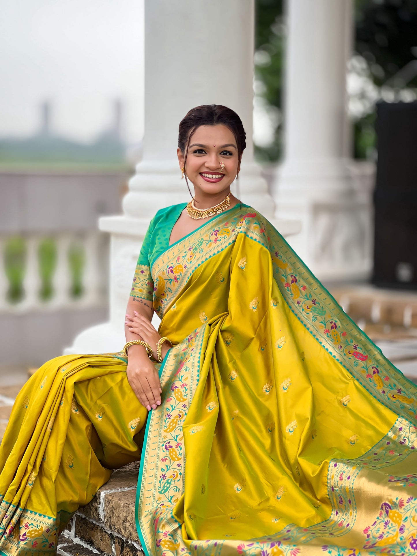 Mameraa Sarees Parrot Green Faux Banarasi Silk Saree With Paithani Rich Weaved Pallu And Blouse-Parrot_Green