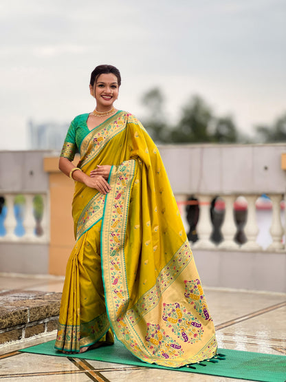 Mameraa Sarees Parrot Green Faux Banarasi Silk Saree With Paithani Rich Weaved Pallu And Blouse-Parrot_Green