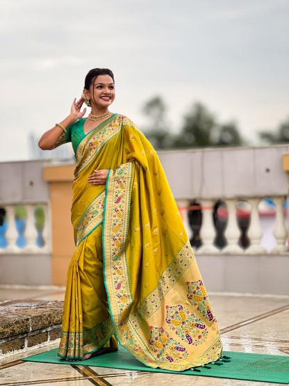 Mameraa Sarees Parrot Green Faux Banarasi Silk Saree With Paithani Rich Weaved Pallu And Blouse-Parrot_Green