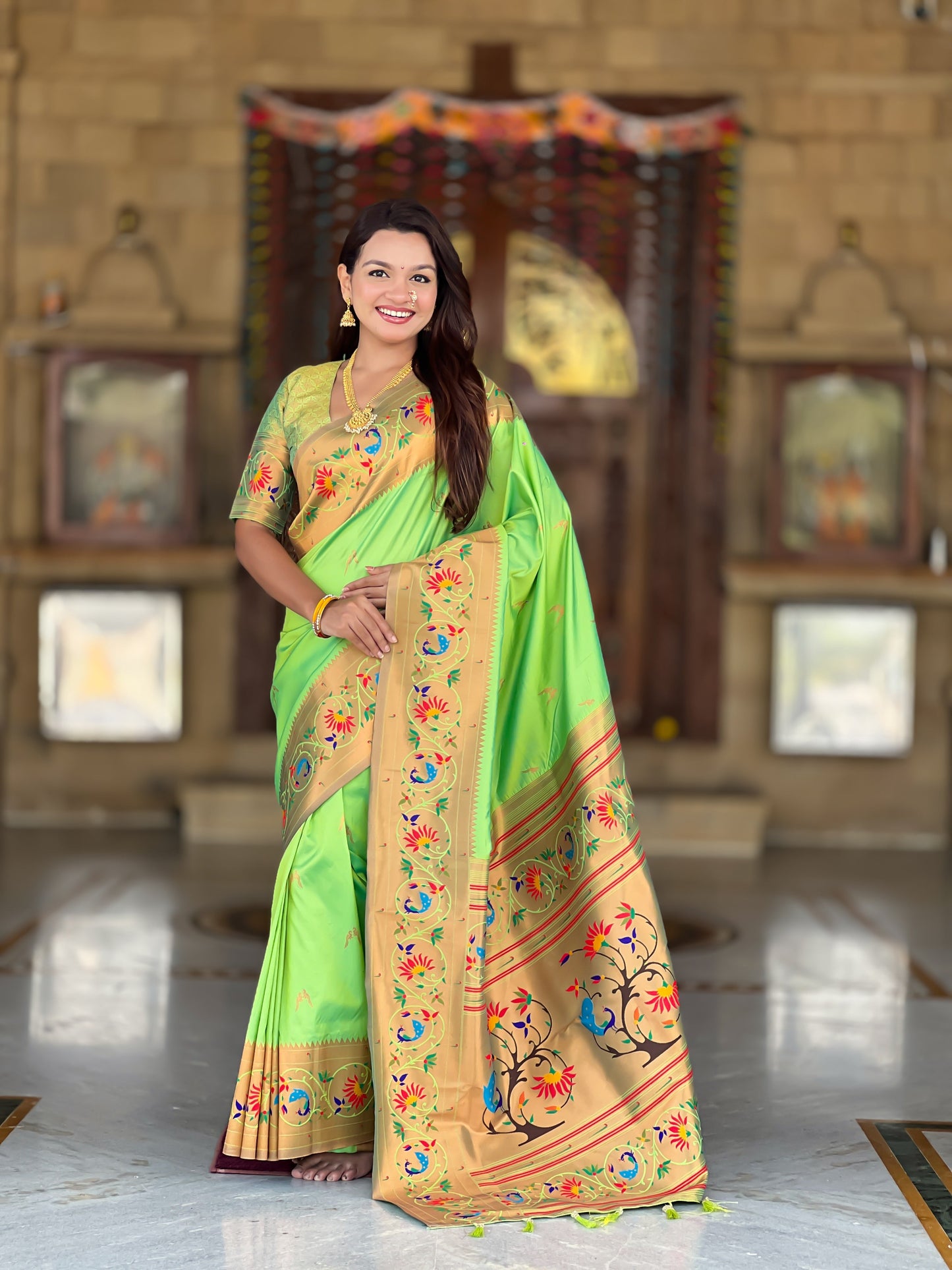 Mameraa Sarees Parrot Green Faux Banarasi Silk Saree With Paithani Rich Weaved Pallu And Blouse-Parrot_Green