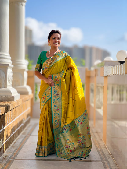 Mameraa Sarees Parrot Green Faux Banarasi Silk Saree With Paithani Rich Weaved Pallu And Blouse-Parrot_Green