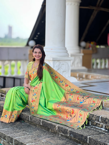 Mameraa Sarees Parrot Green Faux Banarasi Silk Saree With Paithani Rich Weaved Pallu And Blouse-Parrot_Green