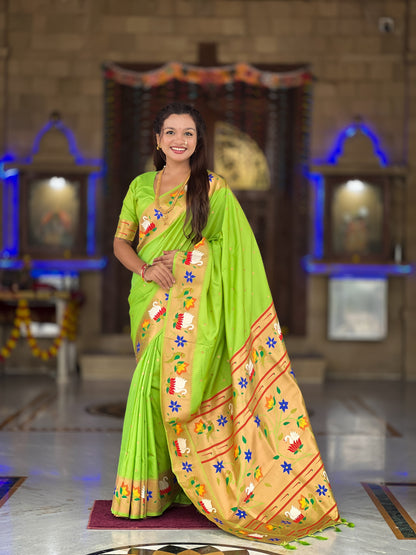 Mameraa Sarees Parrot Green Faux Banarasi Silk Saree With Paithani Rich Weaved Pallu And Blouse-Parrot_Green