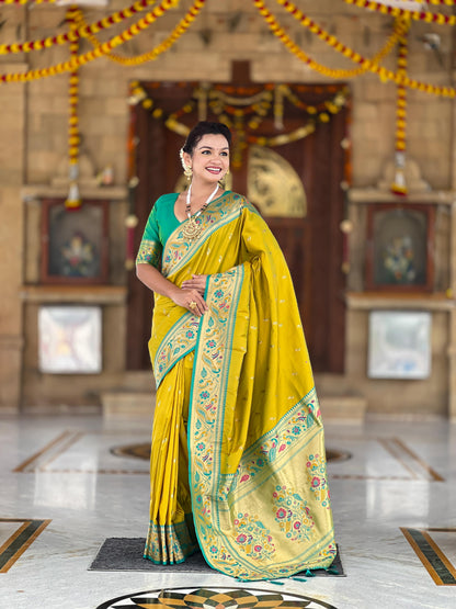 Mameraa Sarees Parrot Green Faux Banarasi Silk Saree With Paithani Rich Weaved Pallu And Blouse-Parrot_Green