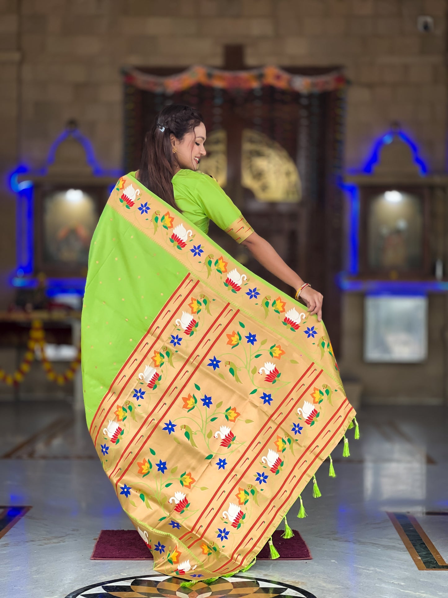 Mameraa Sarees Parrot Green Faux Banarasi Silk Saree With Paithani Rich Weaved Pallu And Blouse-Parrot_Green