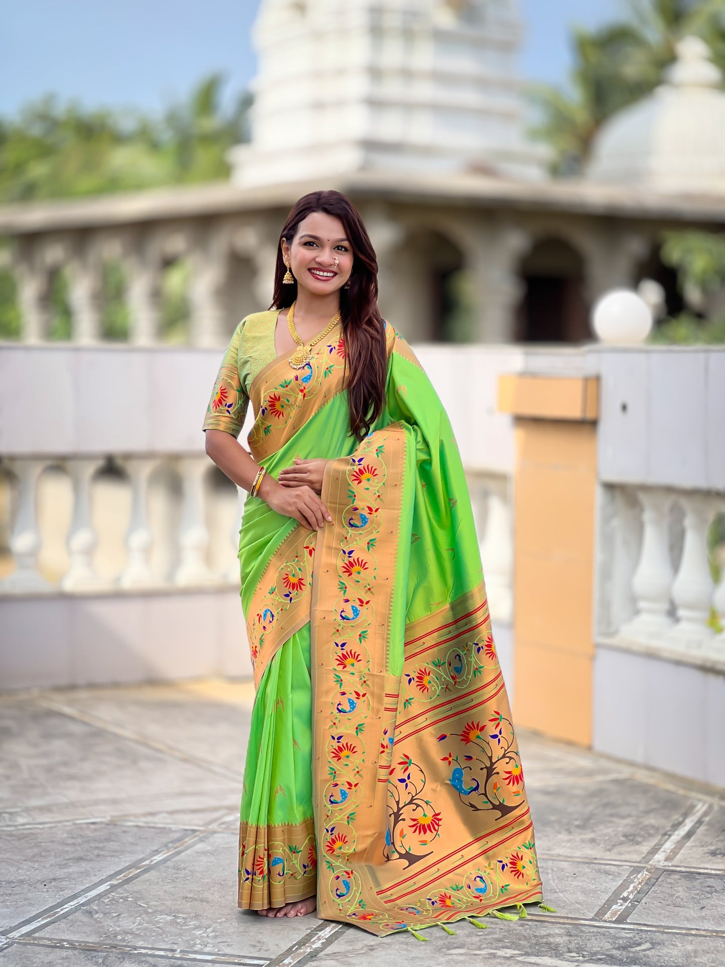 Mameraa Sarees Parrot Green Faux Banarasi Silk Saree With Paithani Rich Weaved Pallu And Blouse-Parrot_Green