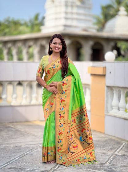 Mameraa Sarees Parrot Green Faux Banarasi Silk Saree With Paithani Rich Weaved Pallu And Blouse-Parrot_Green