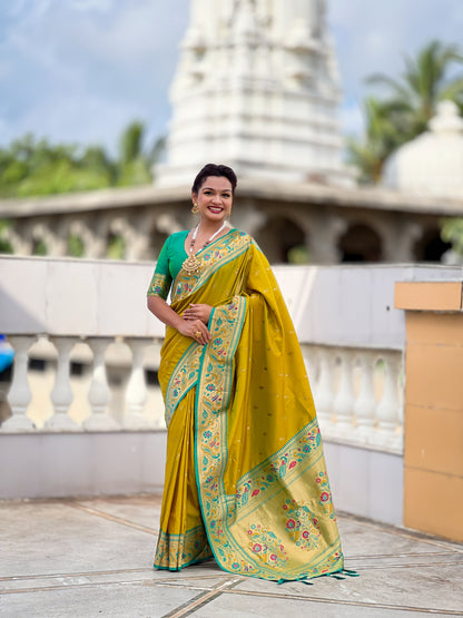 Mameraa Sarees Parrot Green Faux Banarasi Silk Saree With Paithani Rich Weaved Pallu And Blouse-Parrot_Green