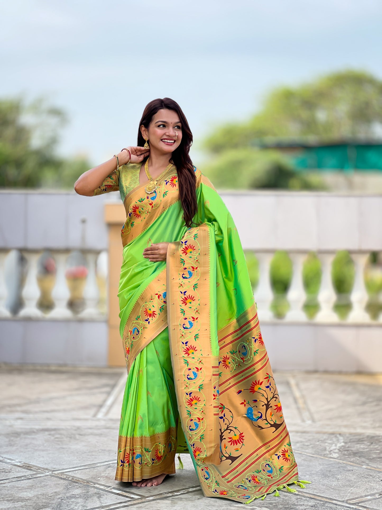 Mameraa Sarees Parrot Green Faux Banarasi Silk Saree With Paithani Rich Weaved Pallu And Blouse-Parrot_Green