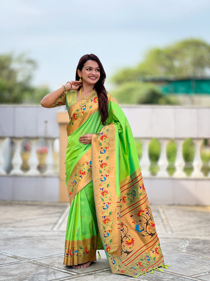 Mameraa Sarees Parrot Green Faux Banarasi Silk Saree With Paithani Rich Weaved Pallu And Blouse-Parrot_Green