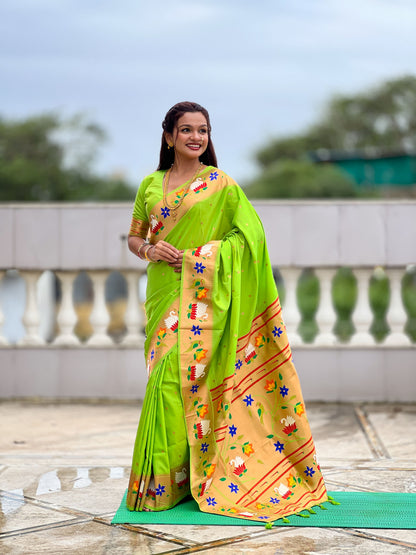 Mameraa Sarees Parrot Green Faux Banarasi Silk Saree With Paithani Rich Weaved Pallu And Blouse-Parrot_Green