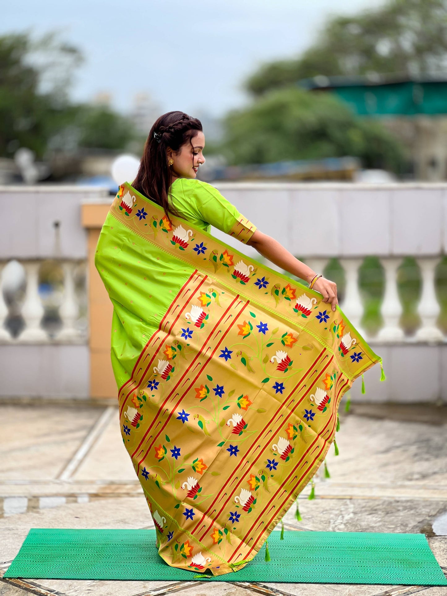 Mameraa Sarees Parrot Green Faux Banarasi Silk Saree With Paithani Rich Weaved Pallu And Blouse-Parrot_Green