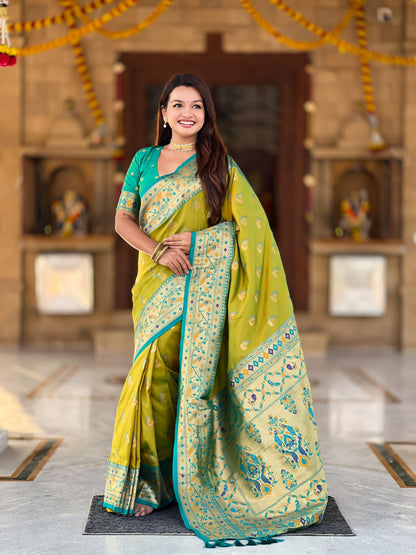 Mameraa Sarees Lemon Yellow Faux Banarasi Silk Saree With Paithani Rich Weaved Pallu And Blouse-Lemon
