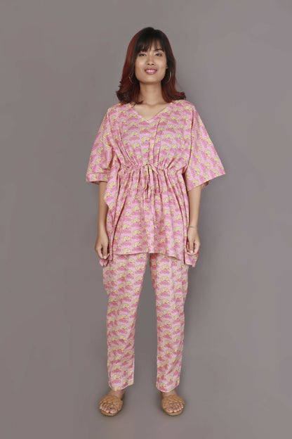 Breathables Women’S Loungewear Kaftan Co-Ord Set Cotton V-Neck In Quirky Pink Print