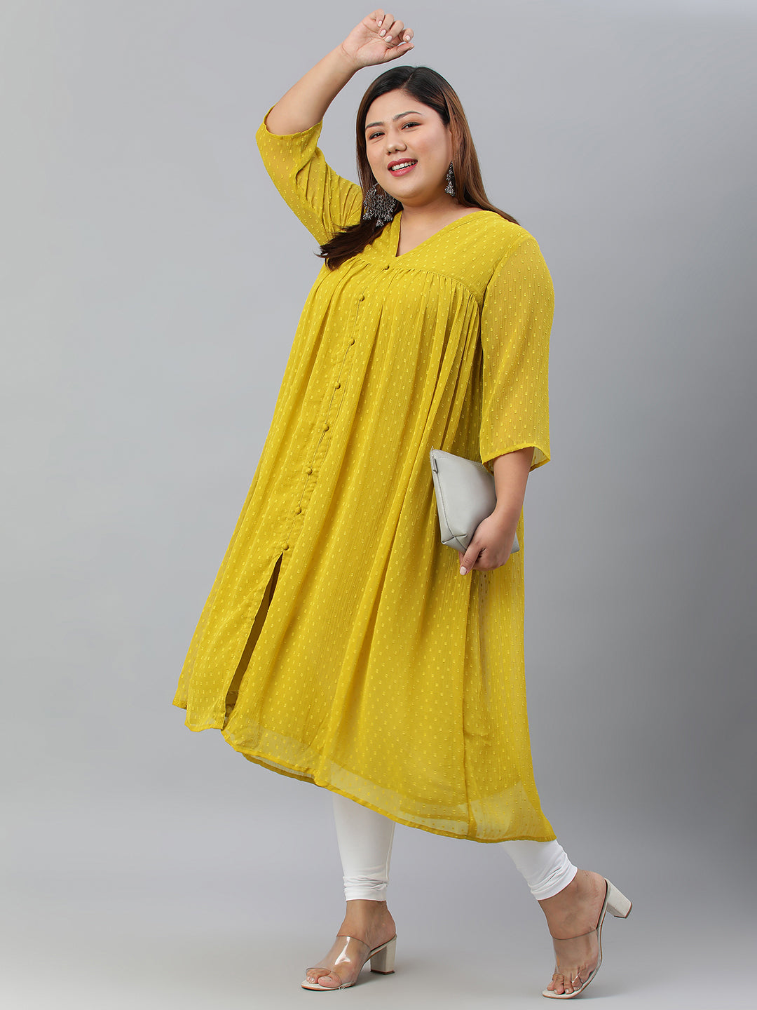 Janasya Women's Mustard Poly Chiffon Self Design Casual Flared kurta