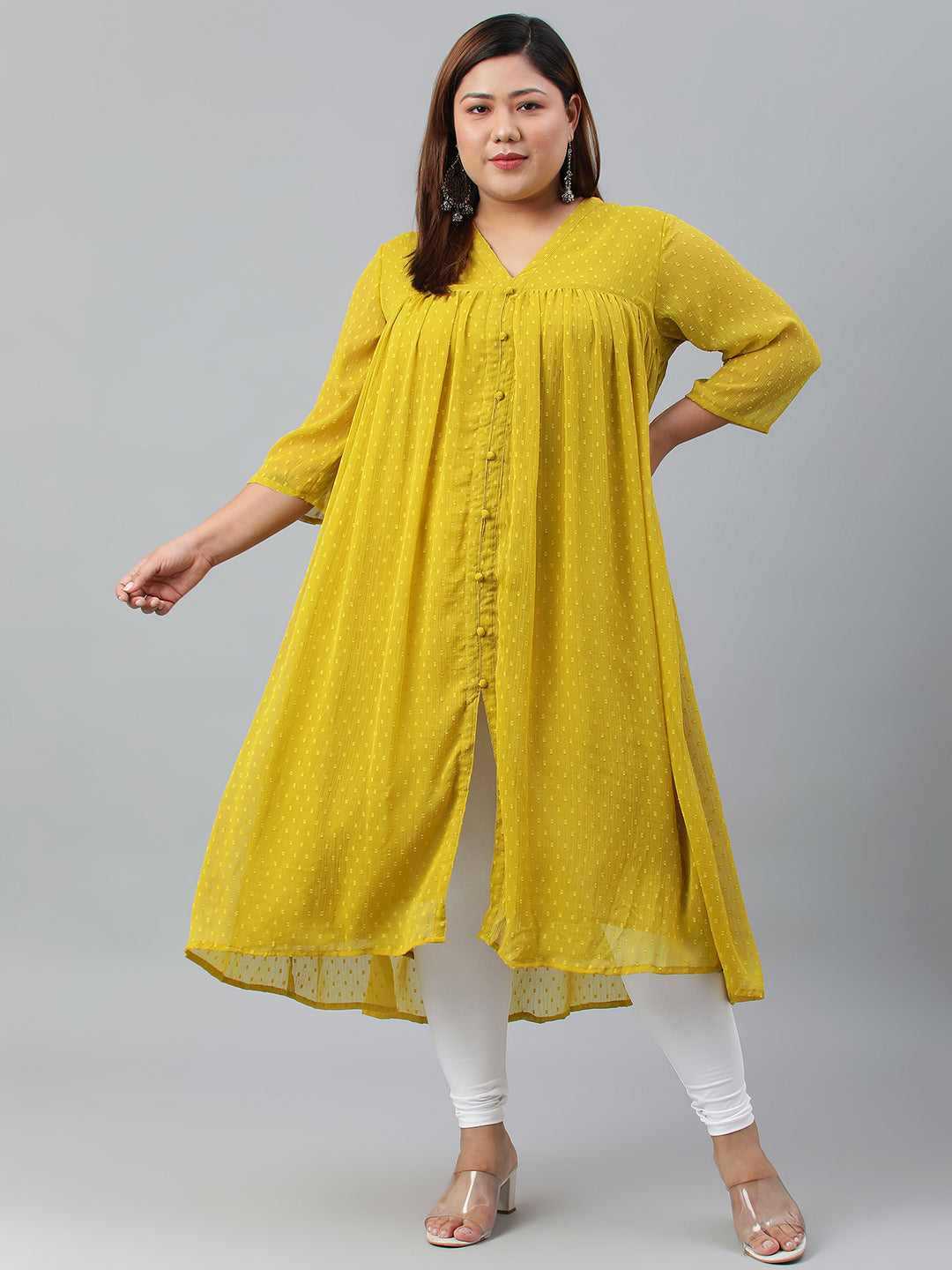 Janasya Women's Mustard Poly Chiffon Self Design Casual Flared kurta