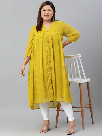 Janasya Women's Mustard Poly Chiffon Self Design Casual Flared kurta