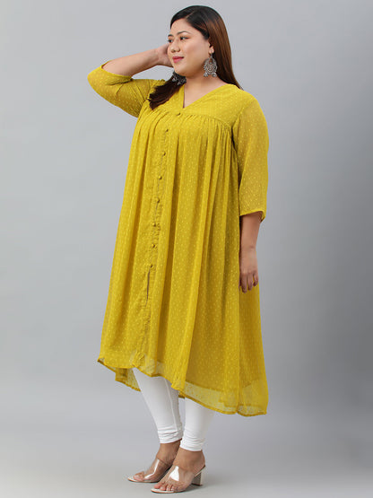 Janasya Women's Mustard Poly Chiffon Self Design Casual Flared kurta