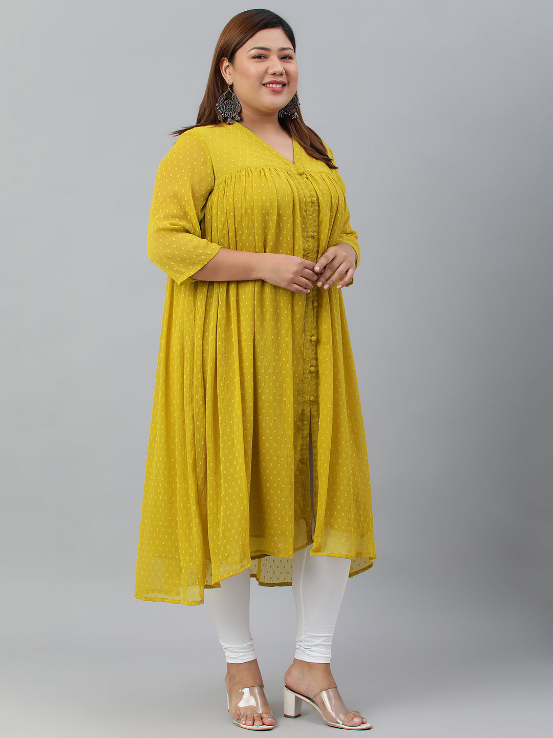 Janasya Women's Mustard Poly Chiffon Self Design Casual Flared kurta