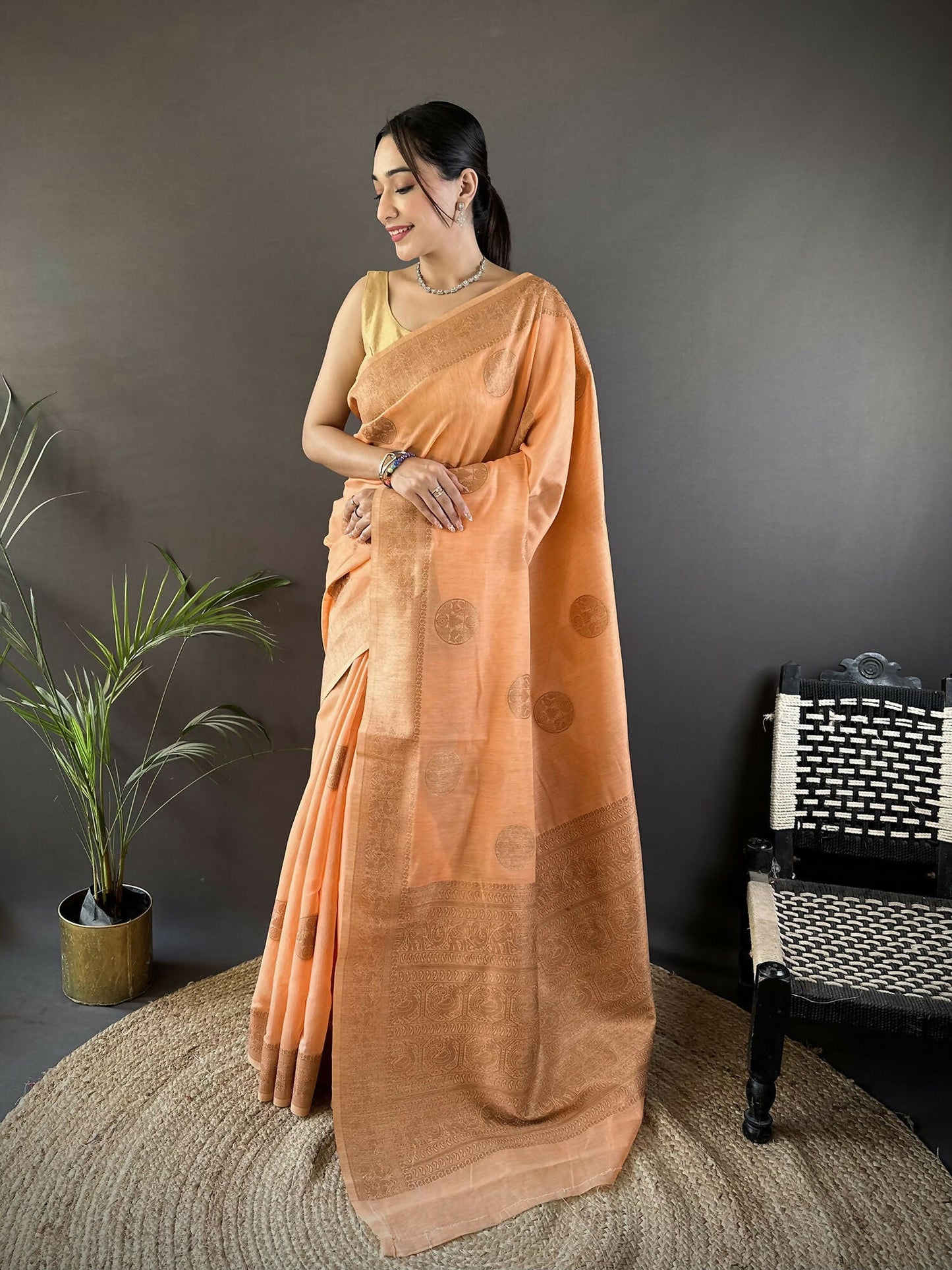 Joban Fashion Orange Floral & Paisley Linen Silk Banarasi Saree