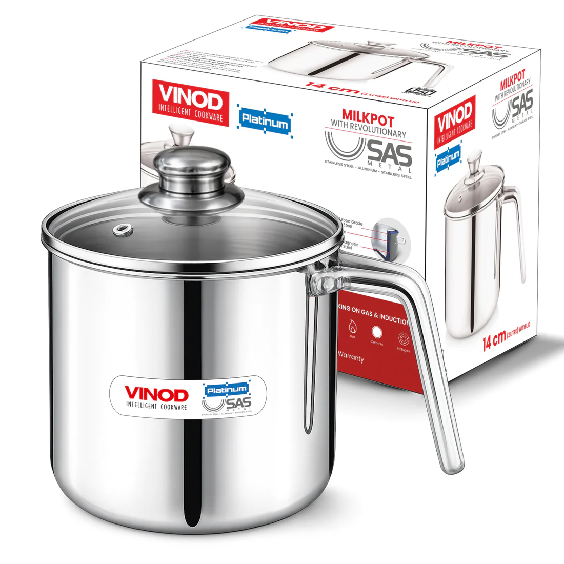 Vinod Platinum Triply Stainless Steel Milk Pot 2L 14cm with Glass Lid