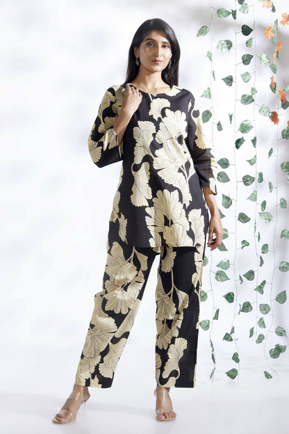 Breathables Black Floral Cotton Kurta & Pant Co-Ord Set