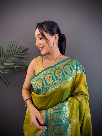 Elora Mustard Soft Silk Butti Zari Weaving Constrast Pallu Banarasi Saree