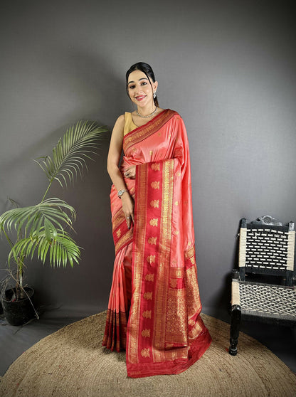 Joban Fashion Peach Banarasi Soft Silk Woven Butti Saree