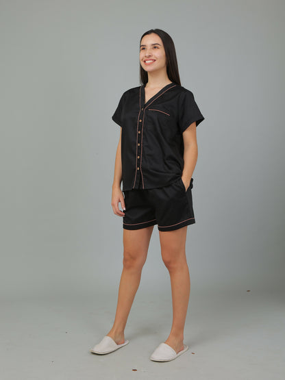 Breathables Women Cotton Night Suit Shirt And Shorts Co-Ord Set I Nightwear | Loungewear Set In Solid Colours