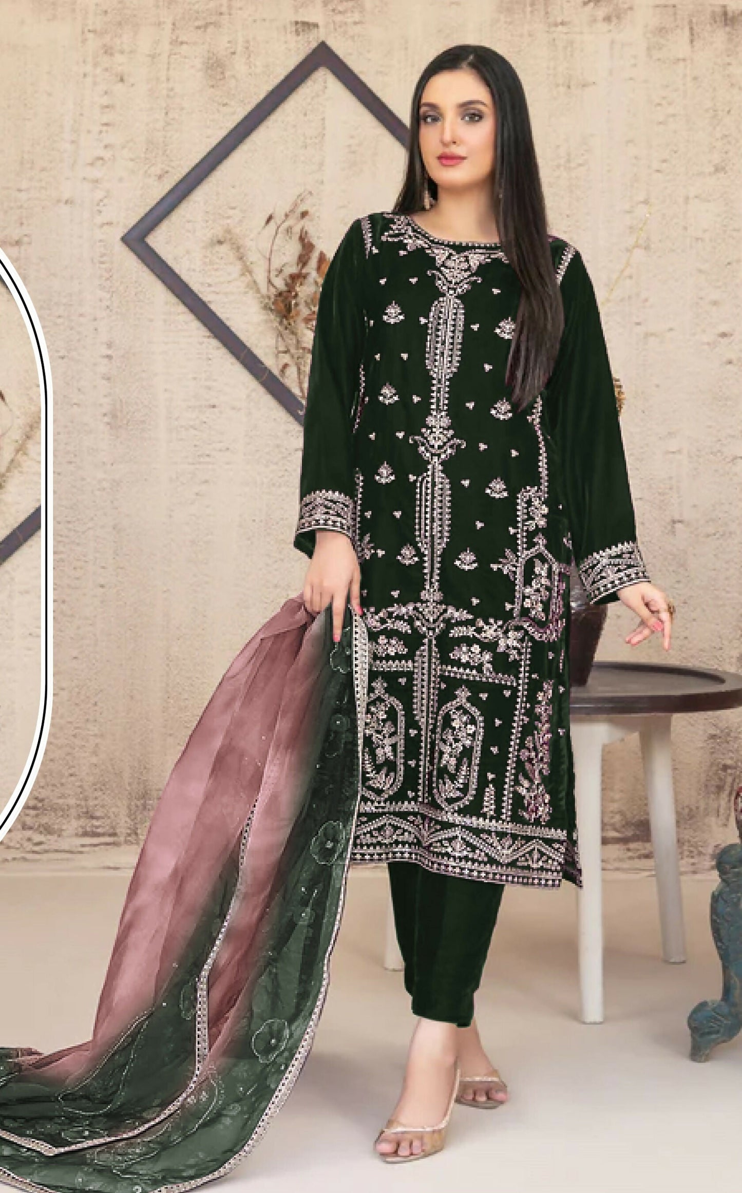 Anaita Green Velvet Suit with Embroidery Sequence Work