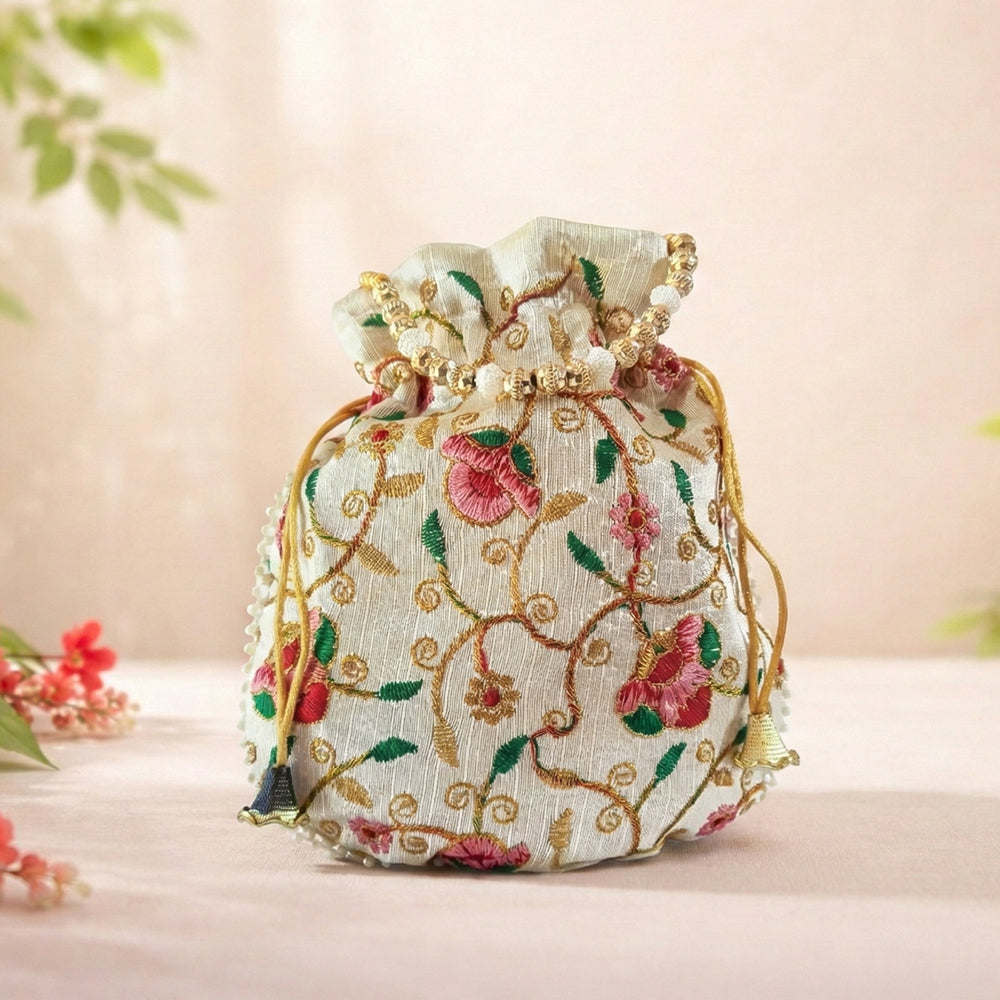 JS Fashion Bridal Silk Brocade Potli Bag with Pearl Border & Beaded Handle