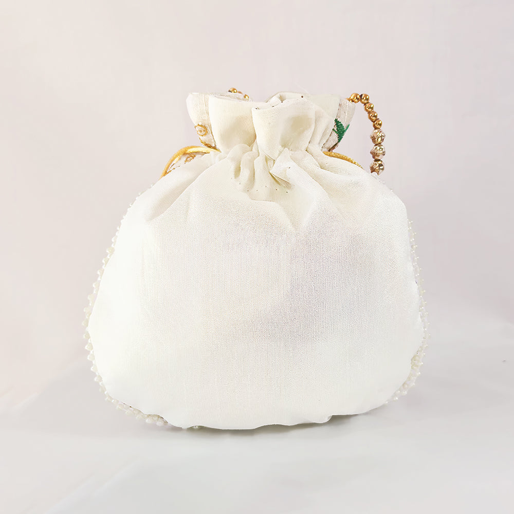 JS Fashion Bridal Silk Brocade Potli Bag with Pearl Border & Beaded Handle