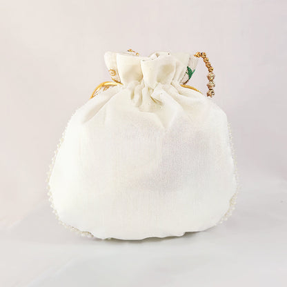 JS Fashion Bridal Silk Brocade Potli Bag with Pearl Border & Beaded Handle